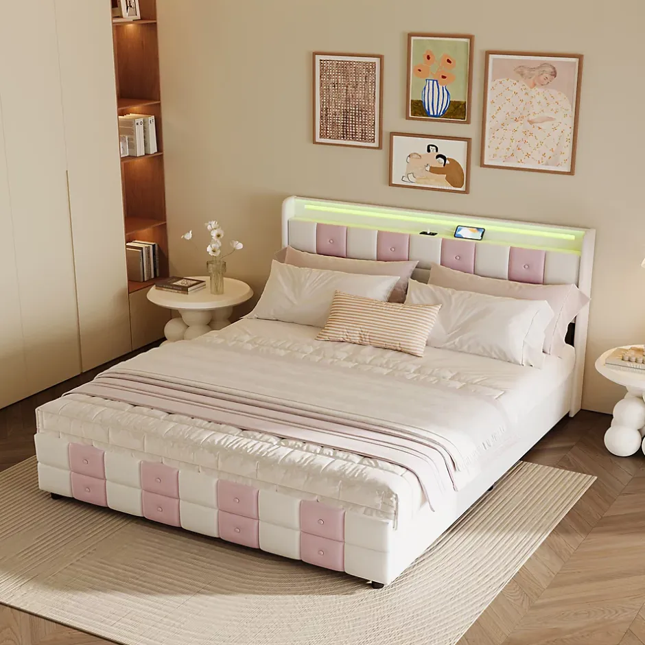 ProximaX Lit 140x190 cm blanc/rose en velours avec 4 tiroirs, LED 7 couleurs, ports USB, confort et rangement, style moderne Hot
