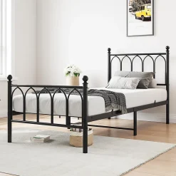 Redom Lit 90x200 cm cadre metal noir avec tete et pied hauts, lattes acier robustes et rangement sous lit 27 cm Sale