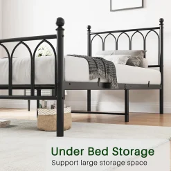 Redom Lit 90x200 cm cadre metal noir avec tete et pied hauts, lattes acier robustes et rangement sous lit 27 cm Sale