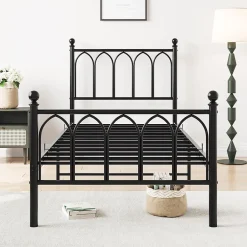 Redom Lit 90x200 cm cadre metal noir avec tete et pied hauts, lattes acier robustes et rangement sous lit 27 cm Sale