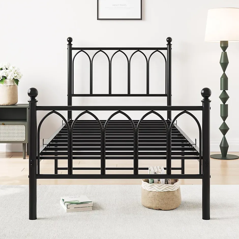 Redom Lit 90x200 cm cadre metal noir avec tete et pied hauts, lattes acier robustes et rangement sous lit 27 cm Sale