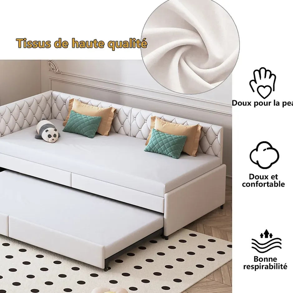 Simple Life Lit 90x200 cm, canapé convertible extensible avec sommier à lattes, velours, lit enfant et lit d'appoint - Beige Best