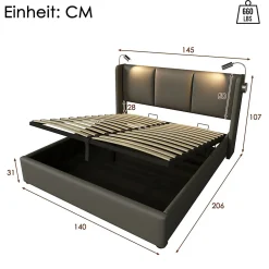 Redom Lit 140x200 cm coffre avec sommier relevable, tête de lit tapissée PU gris et lampe de lecture à chargeur USB