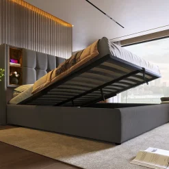 Redom Lit 180x200 cm coffre de rangement avec tête de lit charge sans fil, tapissé coton gris Sale