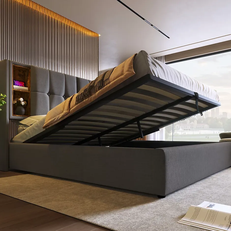 Redom Lit 180x200 cm coffre de rangement avec tête de lit charge sans fil, tapissé coton gris Sale