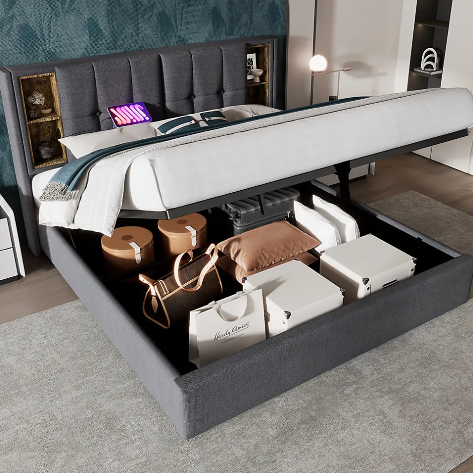 Redom Lit 180x200 cm coffre de rangement avec tête de lit charge sans fil, tapissé coton gris Sale