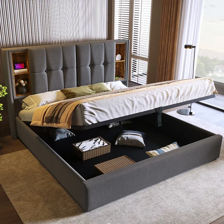 Redom Lit 180x200 cm coffre de rangement avec tête de lit charge sans fil, tapissé coton gris Sale