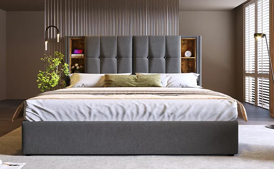 Redom Lit 180x200 cm coffre de rangement avec tête de lit charge sans fil, tapissé coton gris Sale