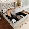 Redom Lit 160x200 cm coffre de rangement avec sommier relevable et tête de lit tapissée en coton gris clair Discount