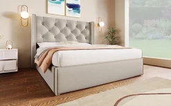 Redom Lit 160x200 cm coffre de rangement avec sommier relevable et tête de lit tapissée en coton gris clair Discount