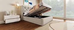 Redom Lit 160x200 cm coffre de rangement avec sommier relevable et tête de lit tapissée en coton gris clair Discount