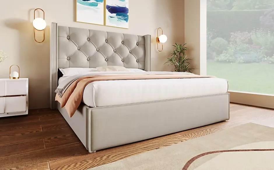 Redom Lit 160x200 cm coffre de rangement avec sommier relevable et tête de lit tapissée en coton gris clair Discount