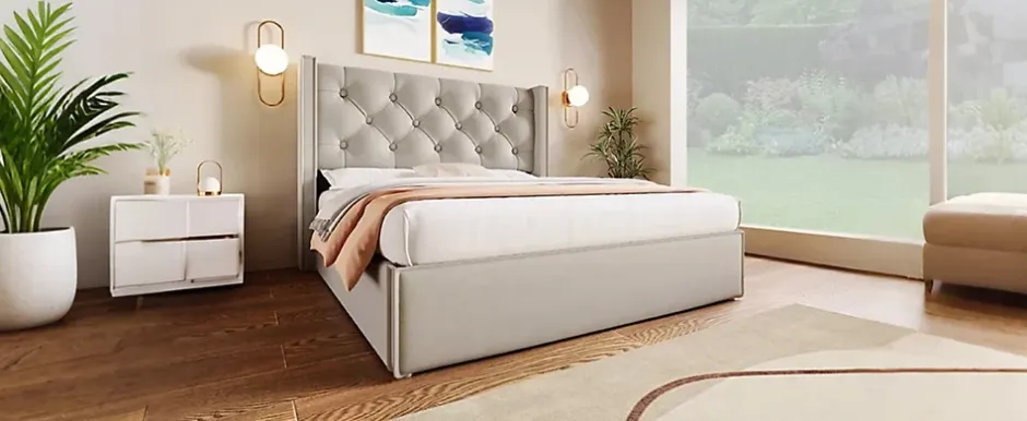 Redom Lit 160x200 cm coffre de rangement avec sommier relevable et tête de lit tapissée en coton gris clair Discount