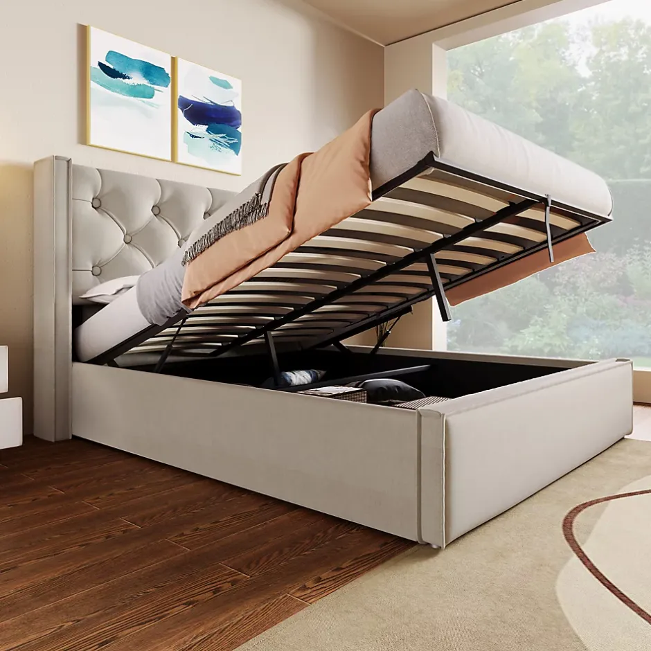 Redom Lit 160x200 cm coffre de rangement avec sommier relevable et tête de lit tapissée en coton gris clair Discount