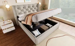 Redom Lit 160x200 cm coffre de rangement avec sommier relevable et tête de lit tapissée en coton gris clair Discount