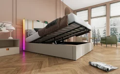 Redom Lit 180x200 cm coffre de rangement et sommier relevable, tapissé lin beige, ports USB/Type-C, éclairage LED