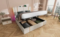 Redom Lit 180x200 cm coffre de rangement et sommier relevable, tapissé lin beige, ports USB/Type-C, éclairage LED