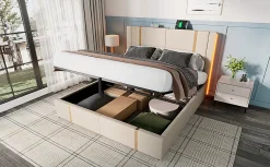 Redom Lit 180x200 cm coffre de rangement et sommier relevable, tapissé lin beige, ports USB/Type-C, éclairage LED