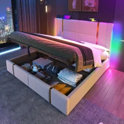 Redom Lit 180x200 cm coffre de rangement et sommier relevable, tapissé lin beige, ports USB/Type-C, éclairage LED