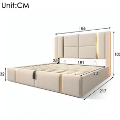 Redom Lit 180x200 cm coffre de rangement et sommier relevable, tapissé lin beige, ports USB/Type-C, éclairage LED