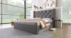 Redom Lit 160x200 cm coffre de rangement avec sommier relevable et tête de lit capitonnée en tissu coton gris Outlet