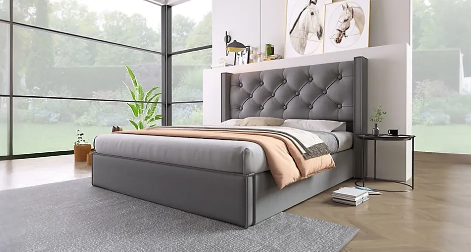 Redom Lit 160x200 cm coffre de rangement avec sommier relevable et tête de lit capitonnée en tissu coton gris Outlet