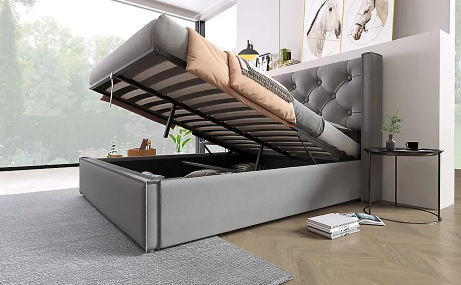 Redom Lit 160x200 cm coffre de rangement avec sommier relevable et tête de lit capitonnée en tissu coton gris Outlet