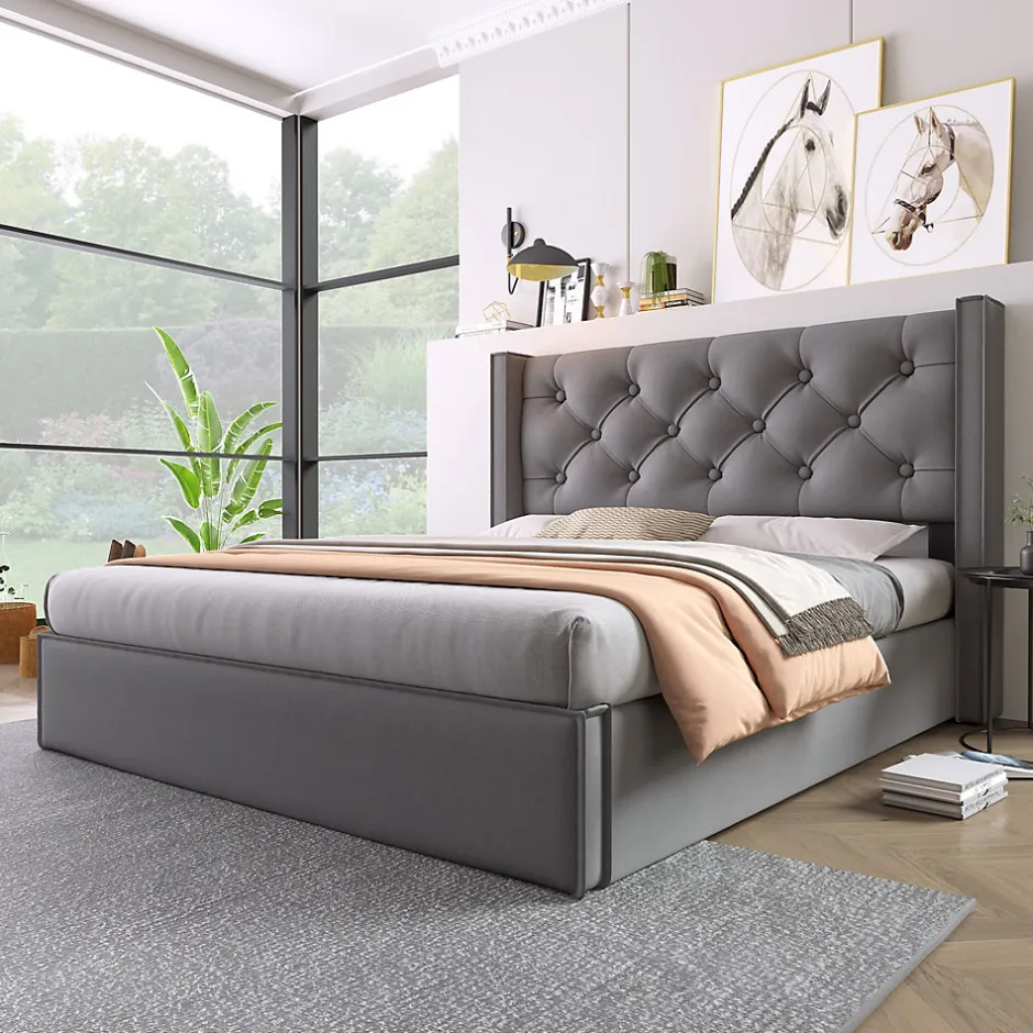Redom Lit 160x200 cm coffre de rangement avec sommier relevable et tête de lit capitonnée en tissu coton gris Outlet