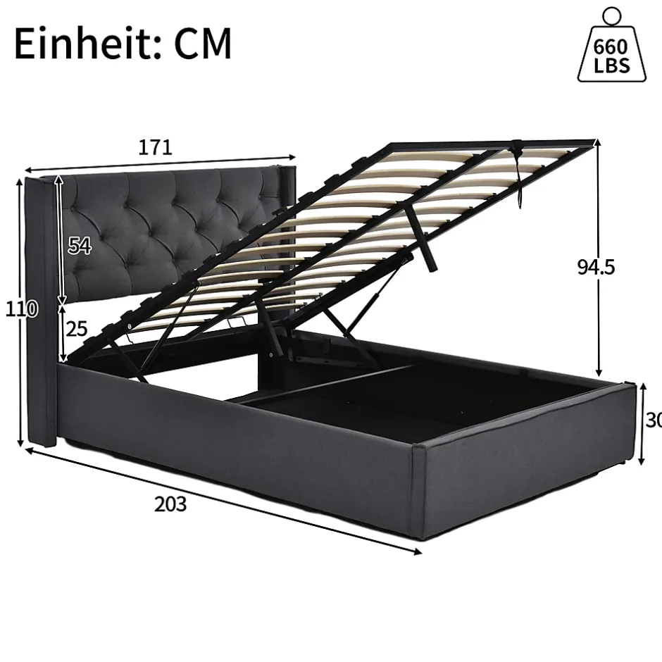 Redom Lit 160x200 cm coffre de rangement avec sommier relevable et tête de lit capitonnée en tissu coton gris Outlet