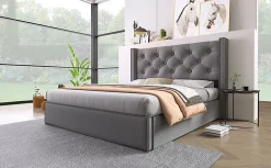Redom Lit 160x200 cm coffre de rangement avec sommier relevable et tête de lit capitonnée en tissu coton gris Outlet