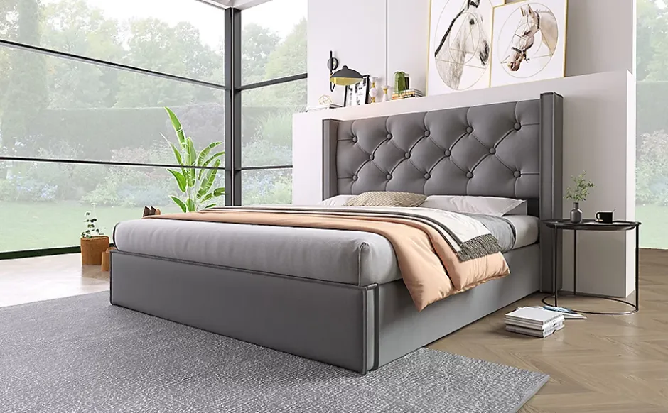Redom Lit 160x200 cm coffre de rangement avec sommier relevable et tête de lit capitonnée en tissu coton gris Outlet