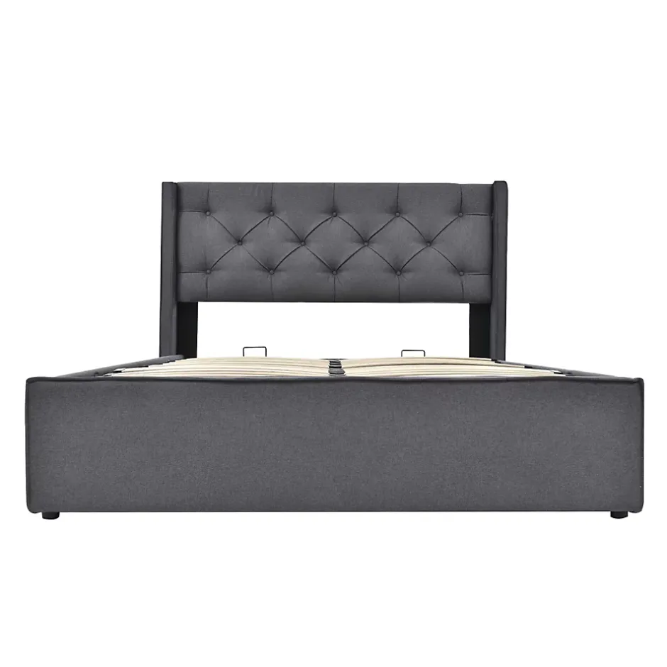 Redom Lit 160x200 cm coffre de rangement avec sommier relevable et tête de lit capitonnée en tissu coton gris Outlet