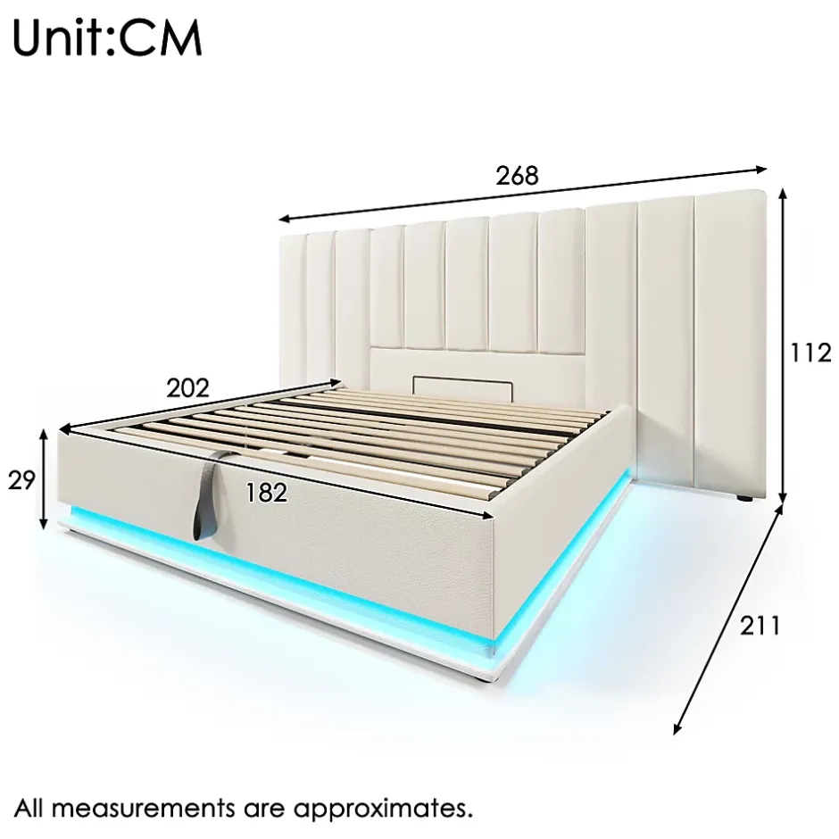 Redom Lit 180x200 cm coffre de rangement hydraulique LED 360 pilotable revêtement PU blanc ports USB Type C