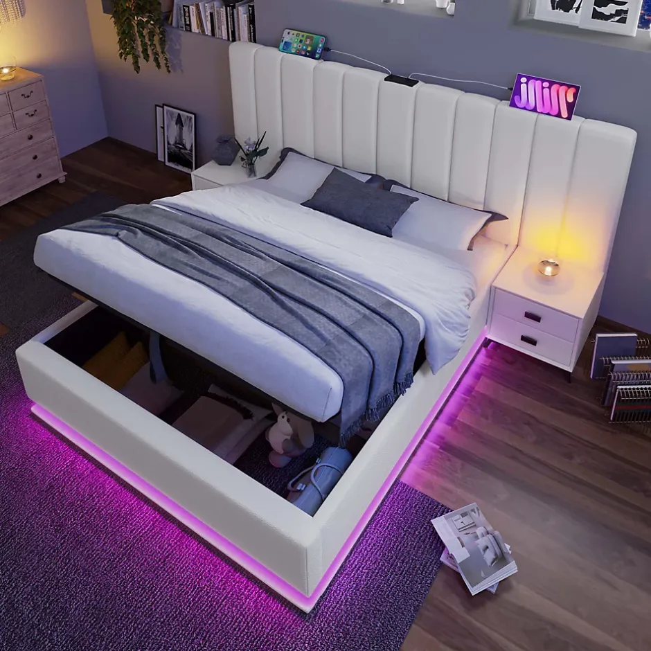 Redom Lit 180x200 cm coffre de rangement hydraulique LED 360 pilotable revêtement PU blanc ports USB Type C