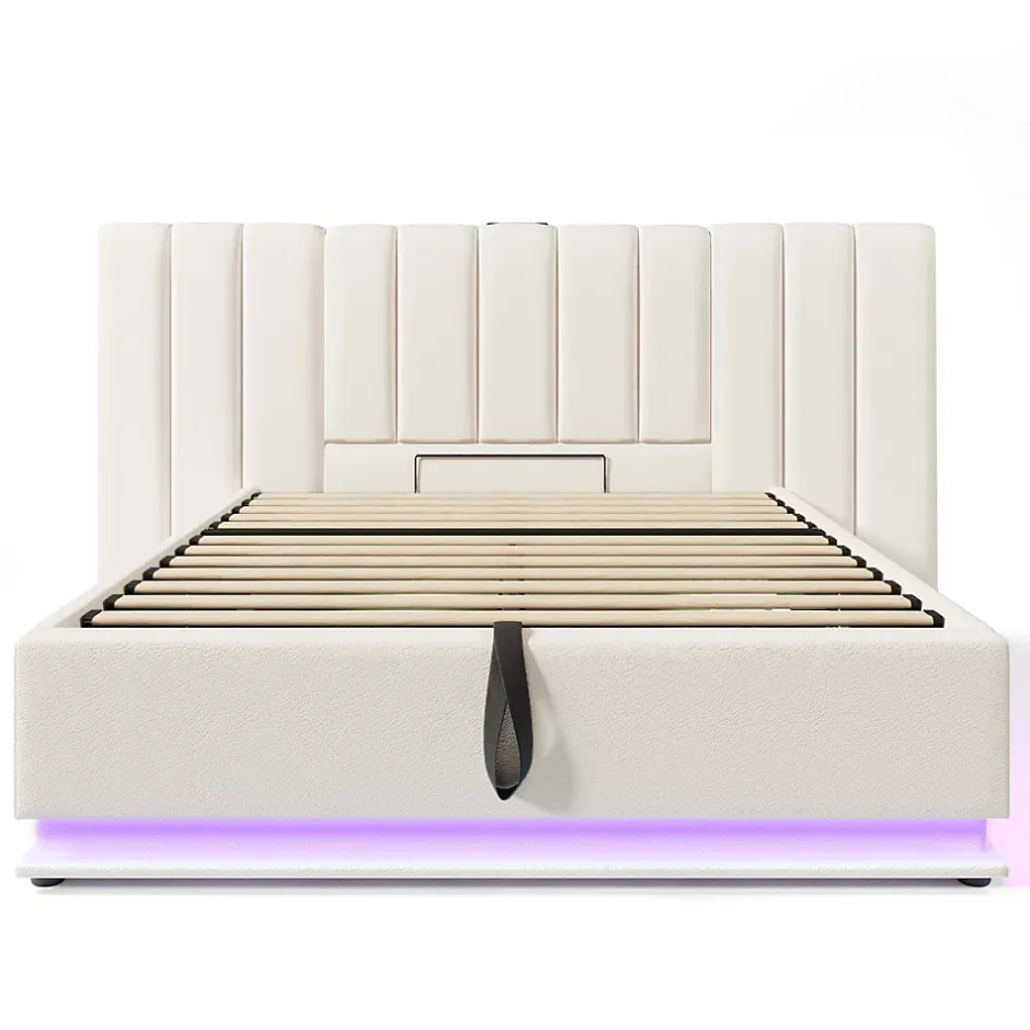 Redom Lit 180x200 cm coffre de rangement hydraulique LED 360 pilotable revêtement PU blanc ports USB Type C
