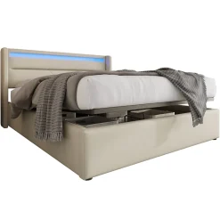Redom Lit 160x200 cm coffre de rangement avec sommier relevable, tête de lit LED tapissée PU blanc, style contemporain