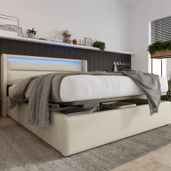 Redom Lit 160x200 cm coffre de rangement avec sommier relevable, tête de lit LED tapissée PU blanc, style contemporain