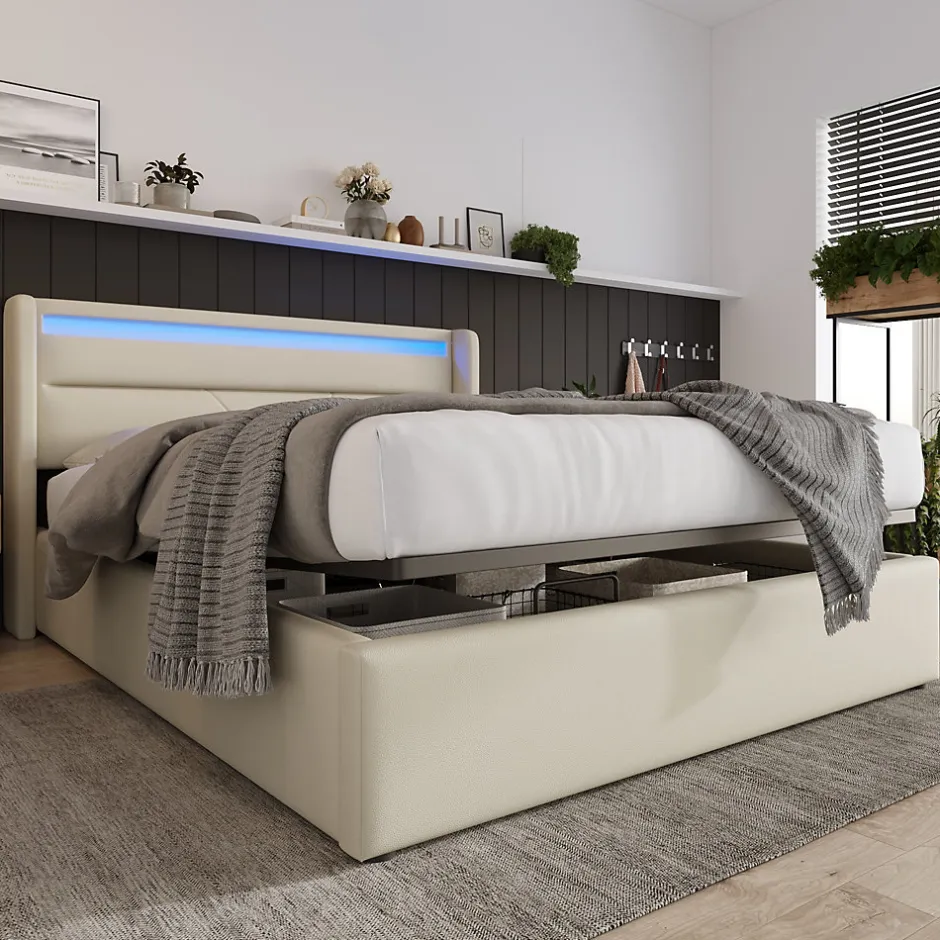 Redom Lit 160x200 cm coffre de rangement avec sommier relevable, tête de lit LED tapissée PU blanc, style contemporain