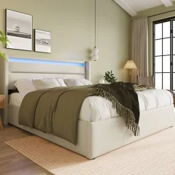 Redom Lit 160x200 cm coffre de rangement avec sommier relevable, tête de lit LED tapissée PU blanc, style contemporain