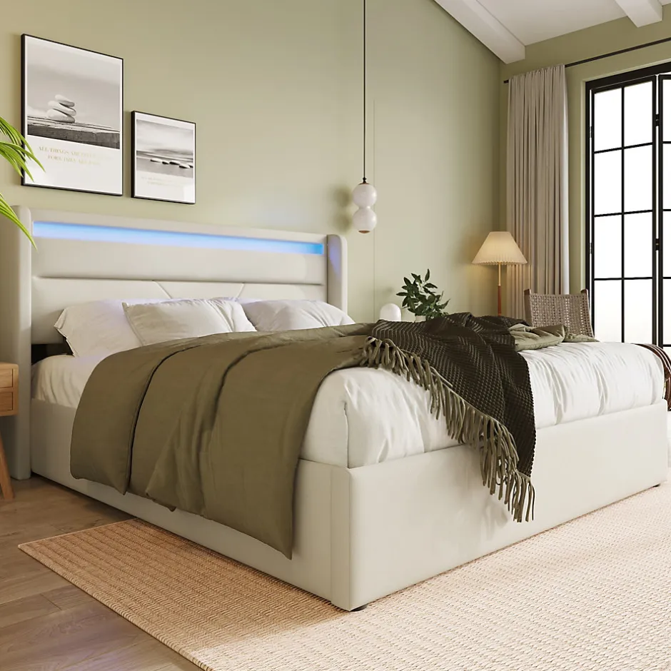 Redom Lit 160x200 cm coffre de rangement avec sommier relevable, tête de lit LED tapissée PU blanc, style contemporain