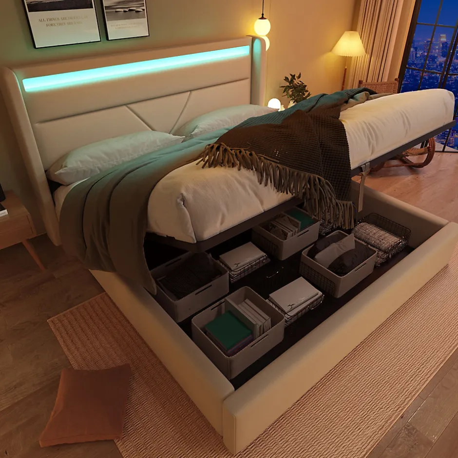 Redom Lit 160x200 cm coffre de rangement avec sommier relevable, tête de lit LED tapissée PU blanc, style contemporain
