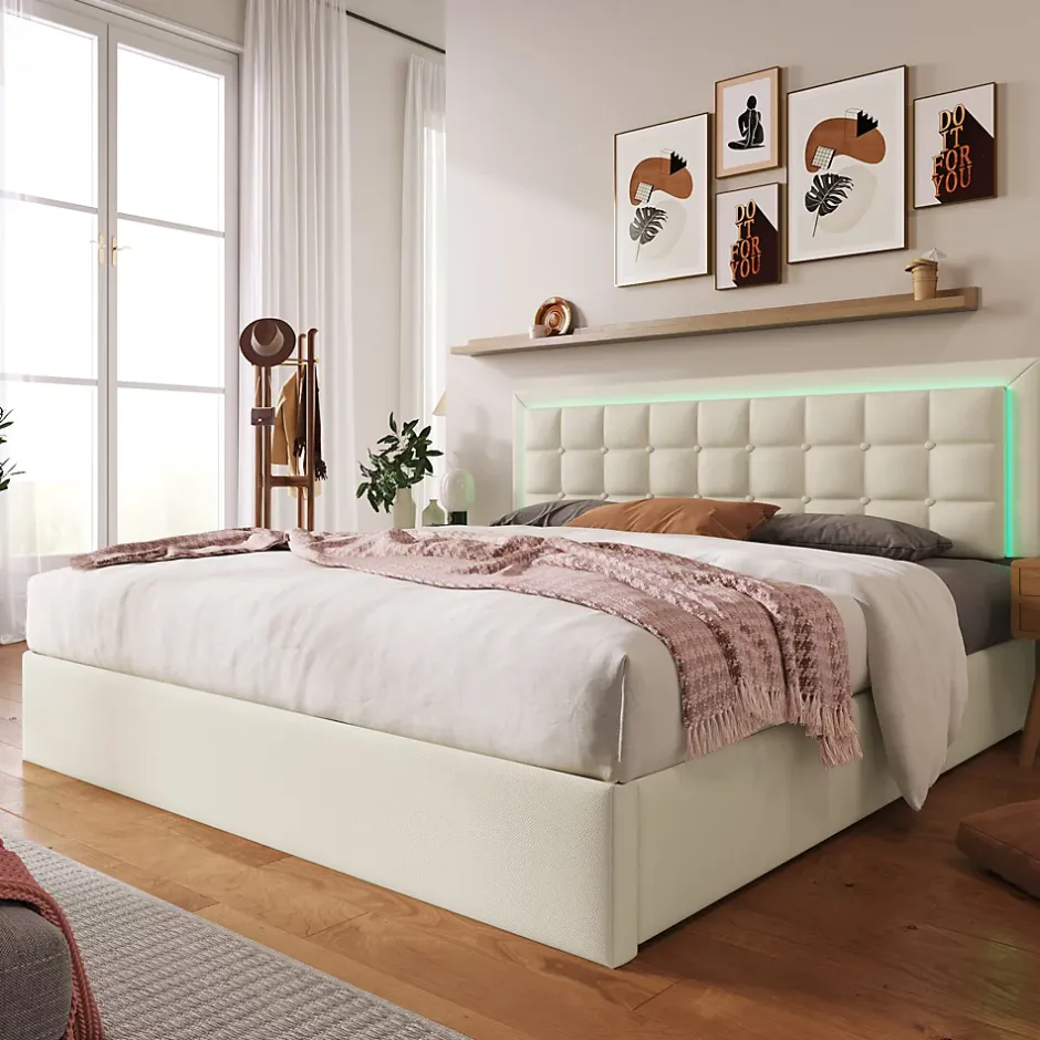 Redom Lit 140x200 cm coffre de rangement avec sommier relevable, tête de lit capitonnée en PU et éclairage LED Hot