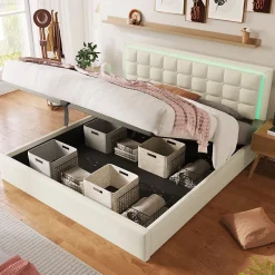 Redom Lit 140x200 cm coffre de rangement avec sommier relevable, tête de lit capitonnée en PU et éclairage LED Hot