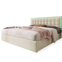 Redom Lit 140x200 cm coffre de rangement avec sommier relevable, tête de lit capitonnée en PU et éclairage LED Hot