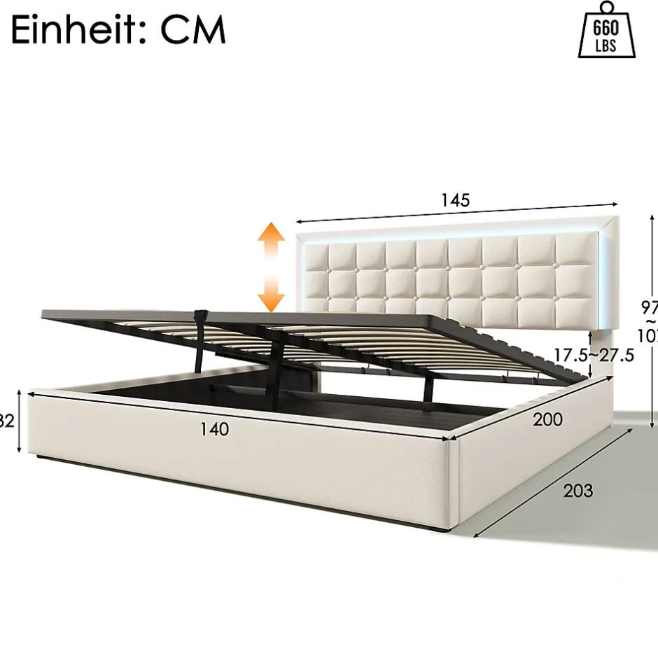 Redom Lit 140x200 cm coffre de rangement avec sommier relevable, tête de lit capitonnée en PU et éclairage LED Hot