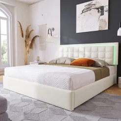 Redom Lit 140x200 cm coffre de rangement avec sommier relevable, tête de lit capitonnée en PU et éclairage LED Hot