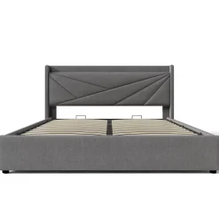 Redom Lit 160x200 cm coffre de rangement avec ports USB et Type C, tete geometrique tapissee lin coton, cadre metal Hot