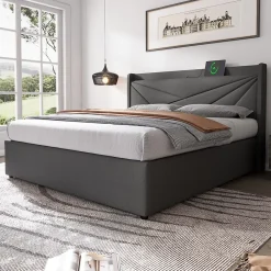 Redom Lit 160x200 cm coffre de rangement avec ports USB et Type C, tete geometrique tapissee lin coton, cadre metal Hot