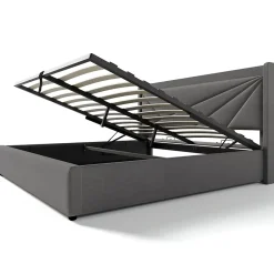 Redom Lit 160x200 cm coffre de rangement avec ports USB et Type C, tete geometrique tapissee lin coton, cadre metal Hot