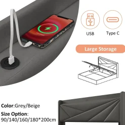Redom Lit 160x200 cm coffre de rangement avec ports USB et Type C, tete geometrique tapissee lin coton, cadre metal Hot